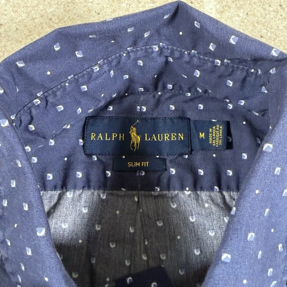 Polo Ralph Lauren Button Down Shirt Short Sleeve Navy Blue Polka Dot Sz M